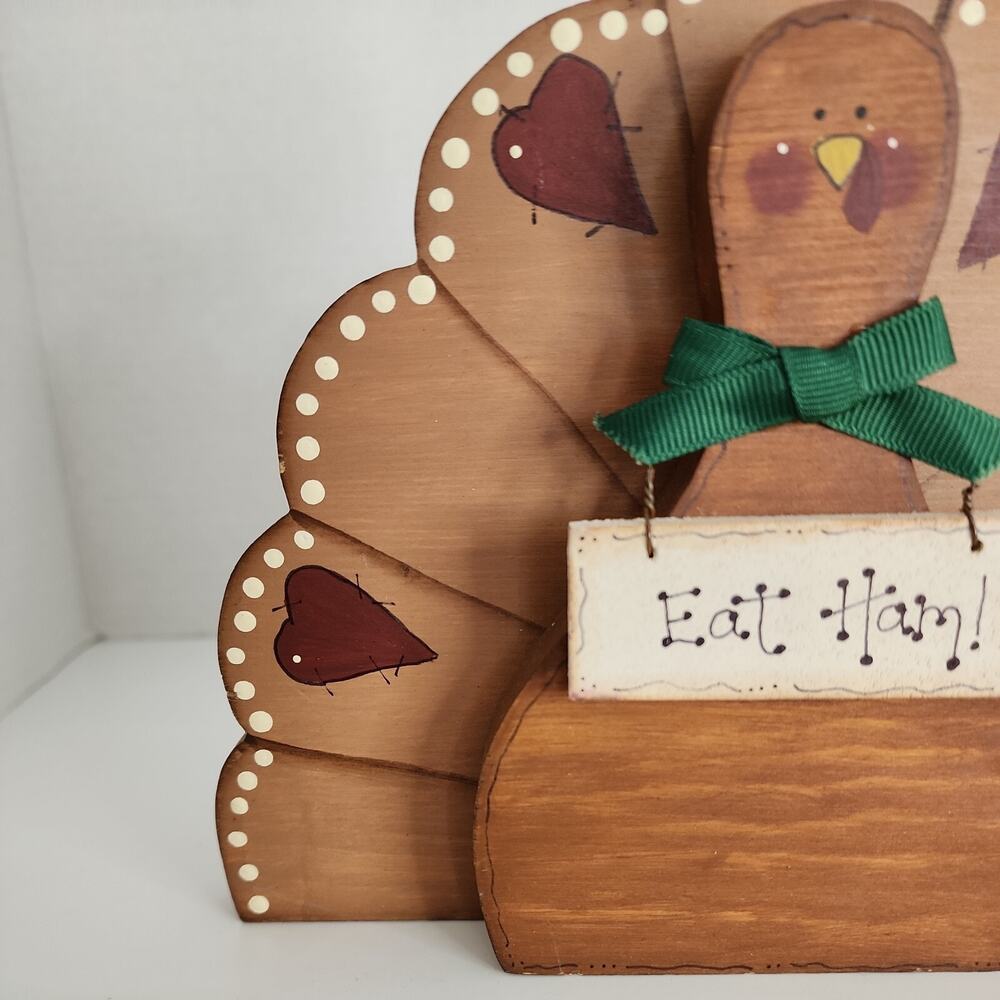 Vtg Hand Crafted Painted Wooden Folk Art Turkey-Hearts, Eat Ham Sign- Signed - Picture 9 of 16